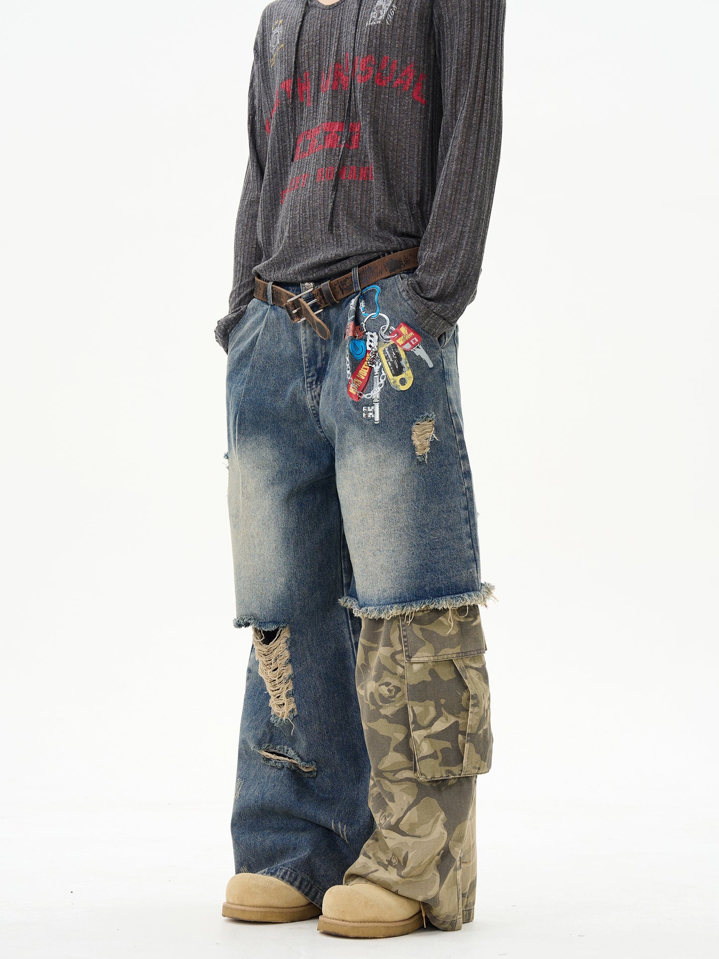 Deconstructed camo design jeans