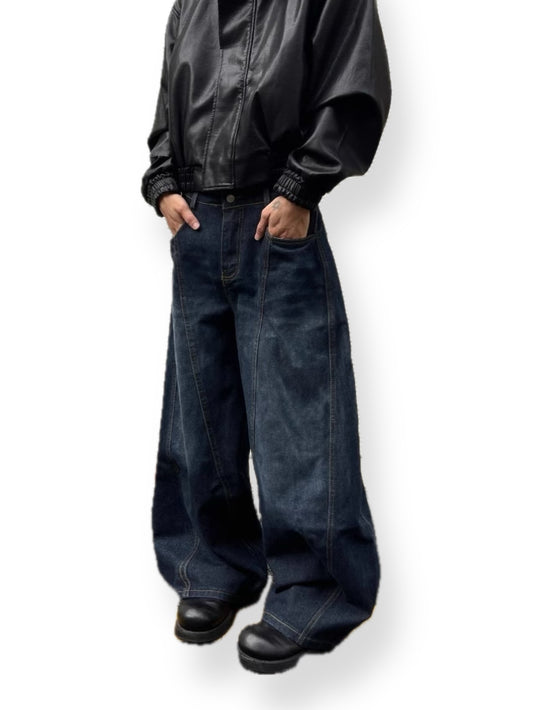 HDB.08: Vintage letter embroidered dark blue baggy scimitar jeans