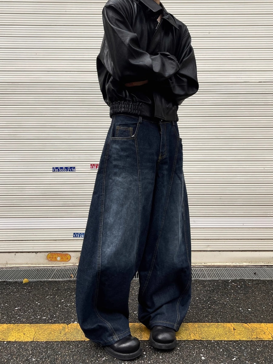 HDB.08: Vintage letter embroidered dark blue baggy scimitar jeans