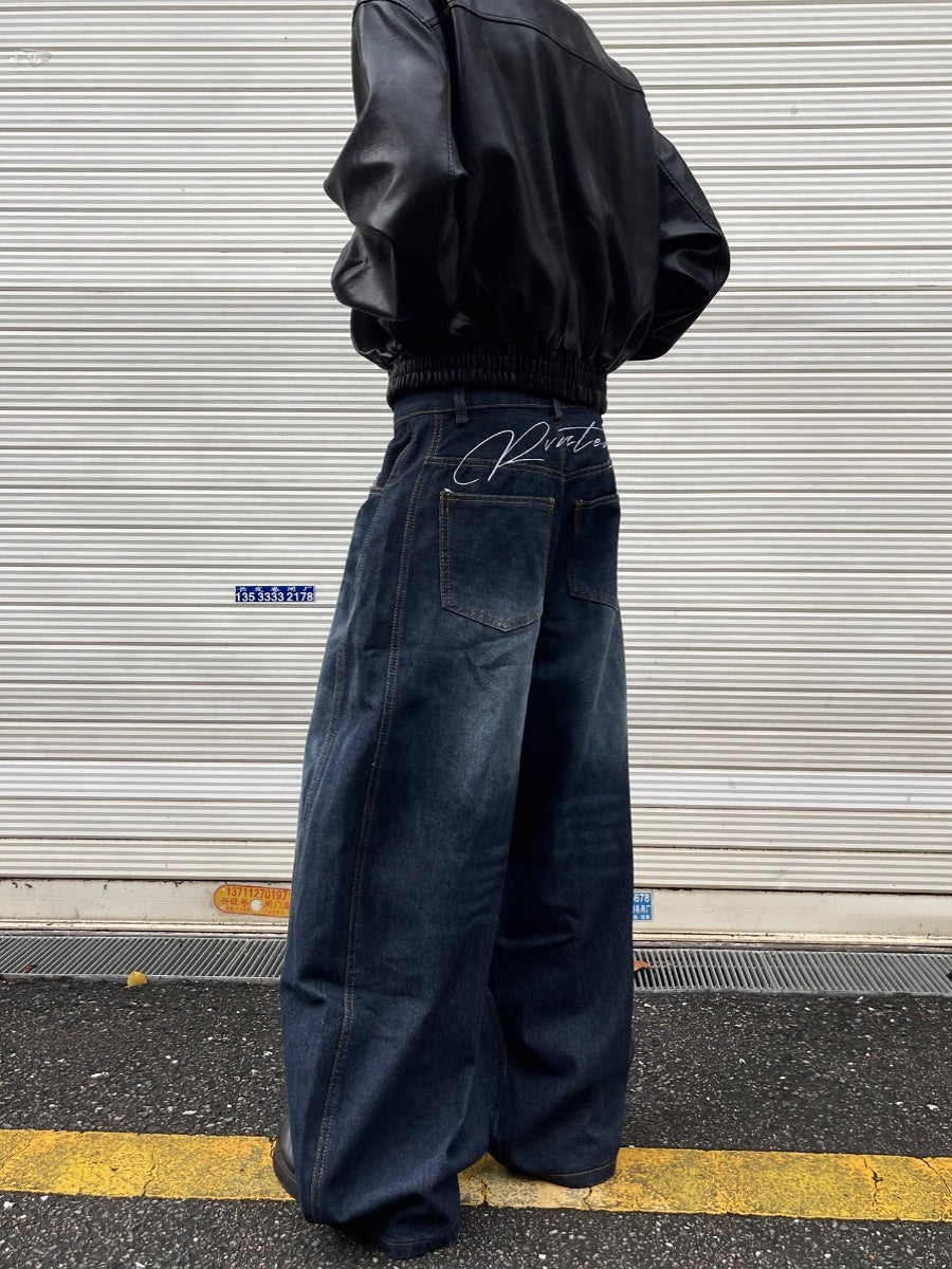 HDB.08: Vintage letter embroidered dark blue baggy scimitar jeans