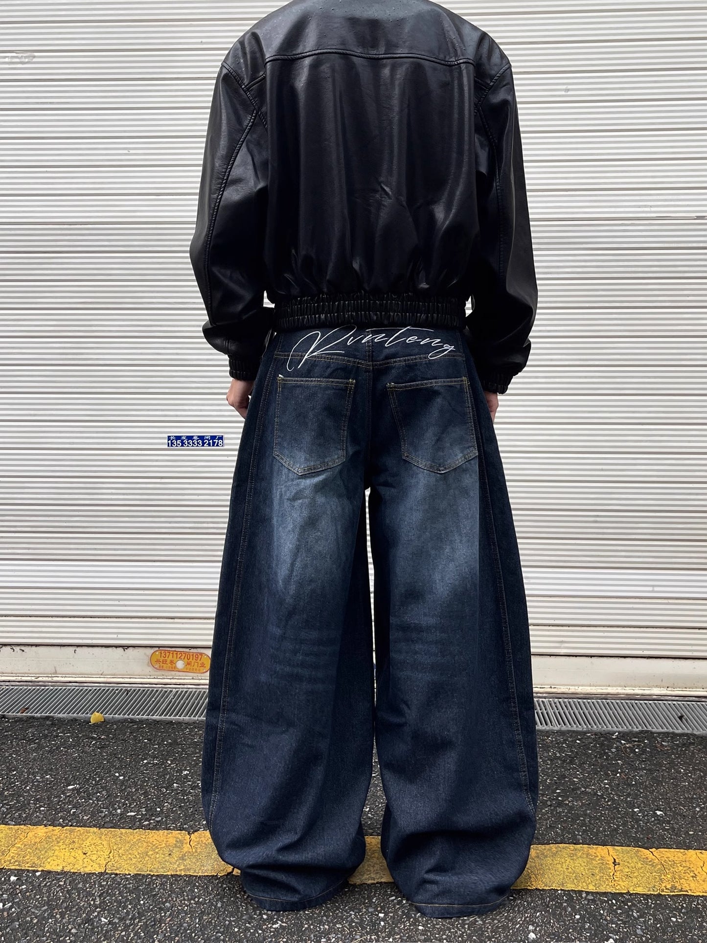 HDB.08: Vintage letter embroidered dark blue baggy scimitar jeans