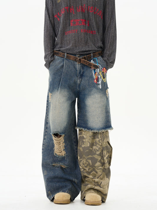Deconstructed camo design jeans