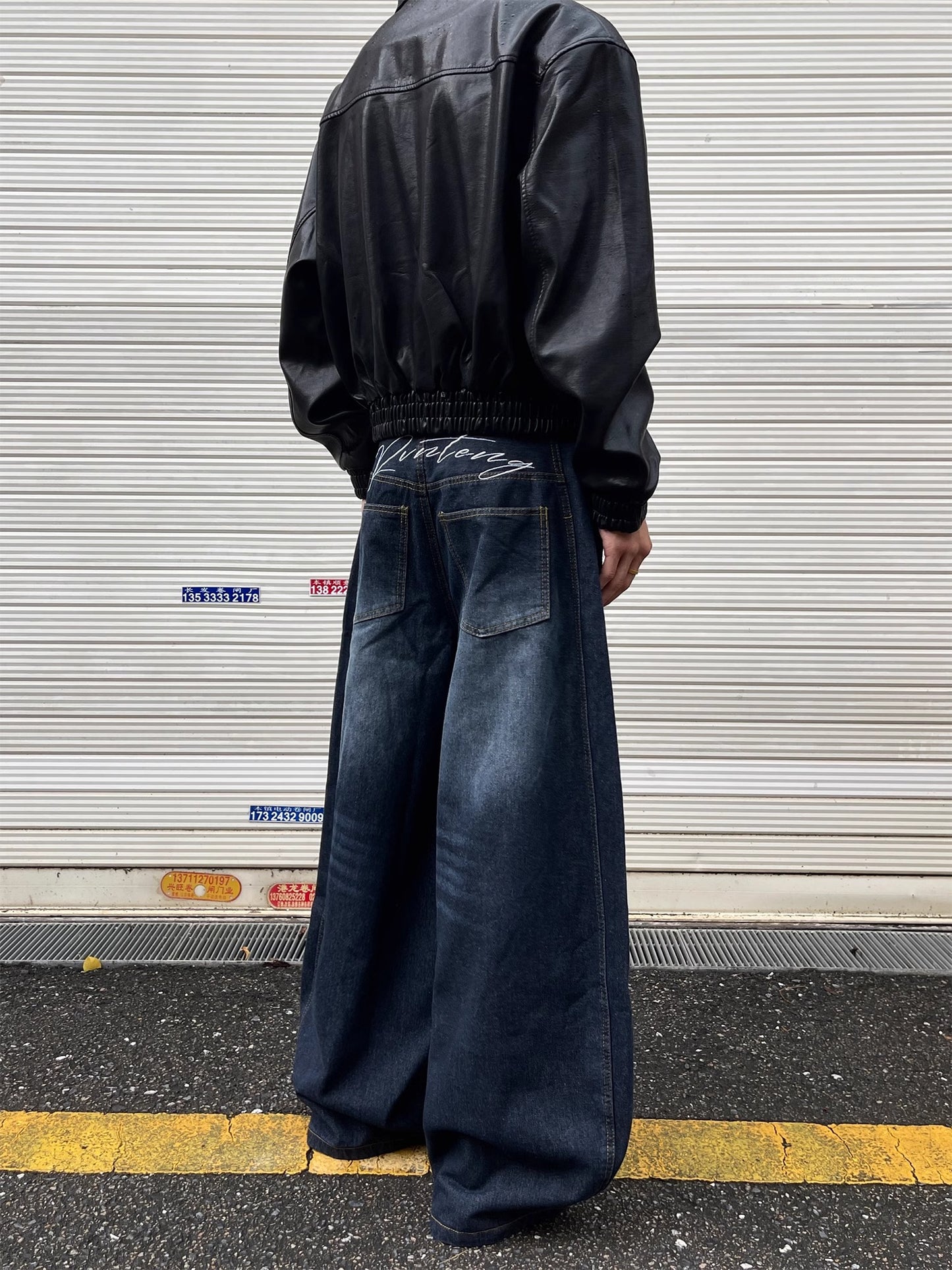 HDB.08: Vintage letter embroidered dark blue baggy scimitar jeans