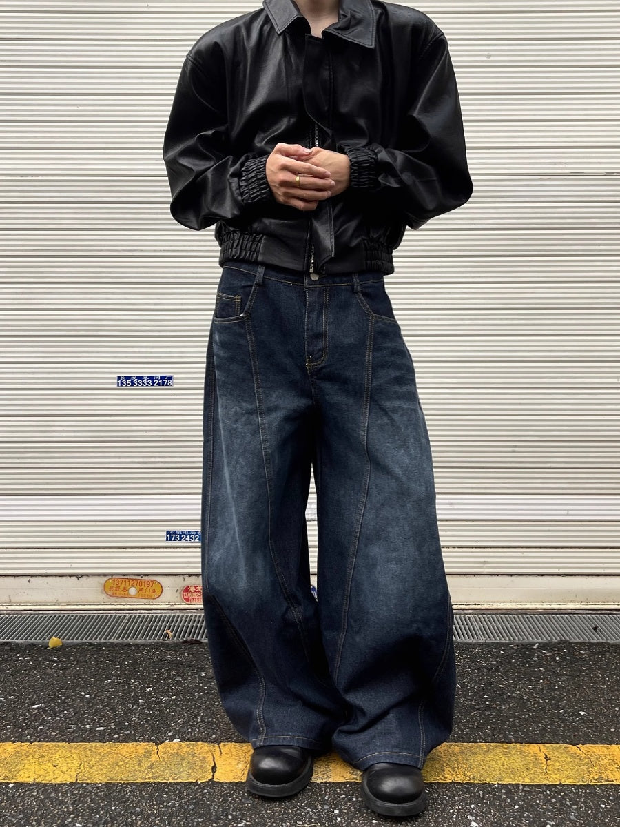 HDB.08: Vintage letter embroidered dark blue baggy scimitar jeans
