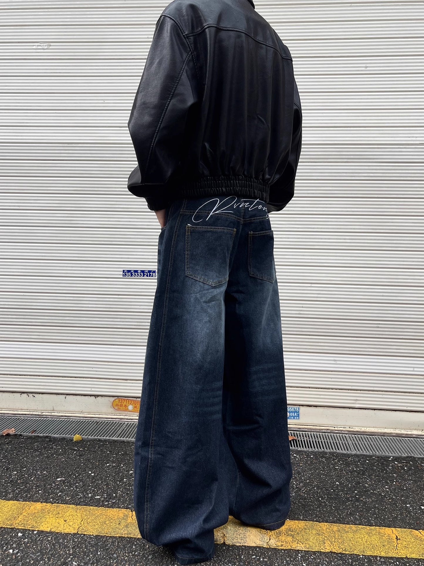 HDB.08: Vintage letter embroidered dark blue baggy scimitar jeans